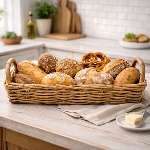 Vintage Mid 20th Century French Bentwood Rattan Bread Basket w/Handles #10152510